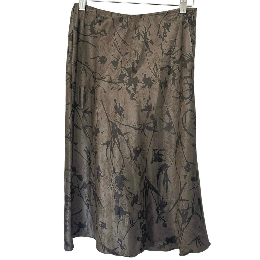Vintage DKNY Silk Bias Cut Midi Skirt Taupe Botanical Print Size 4